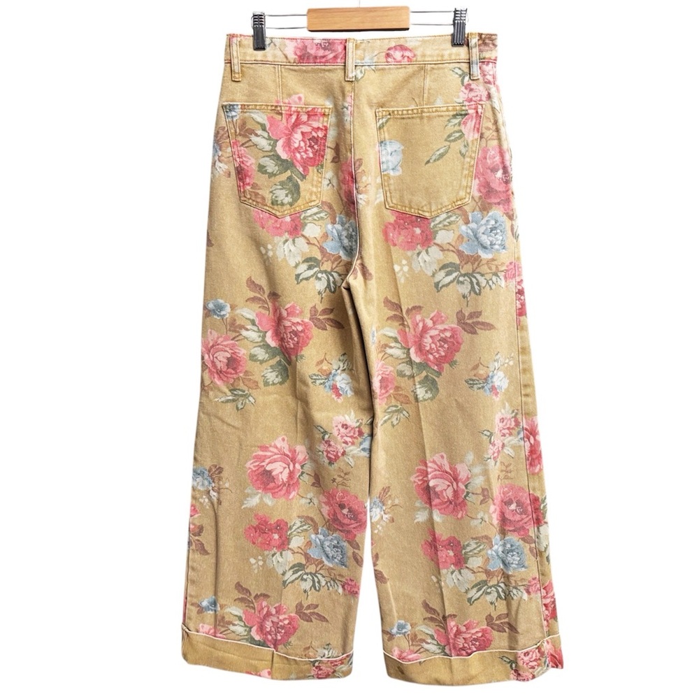 Anthropologie Floral Wide-Leg Jeans in Tan with Pink & Blue Roses - Picture 3 of 7